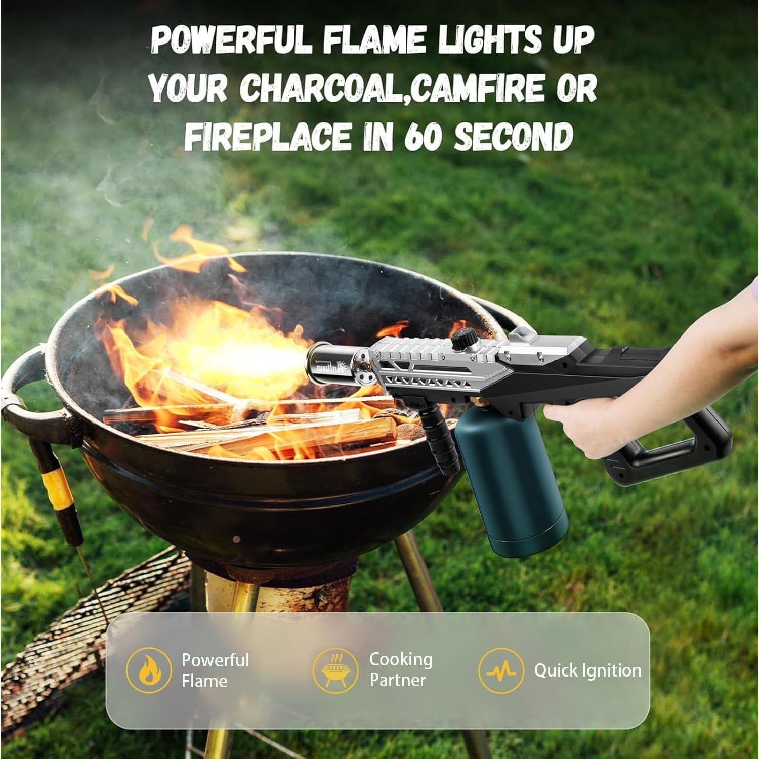 ARTFLAMM Grill Torch Gun searing steak for crusty finish.