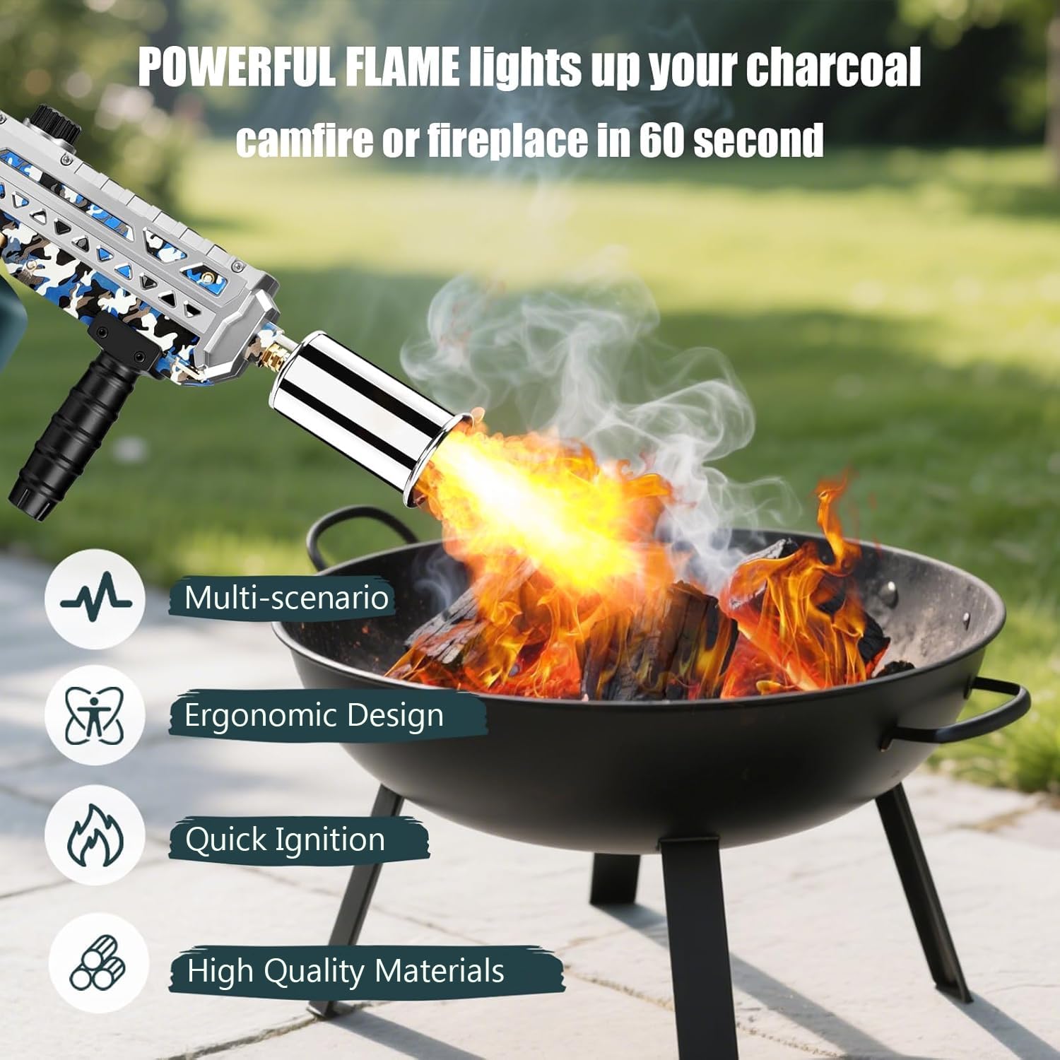 Ergonomic ARTFLAMM torch handle for comfortable, controlled flames