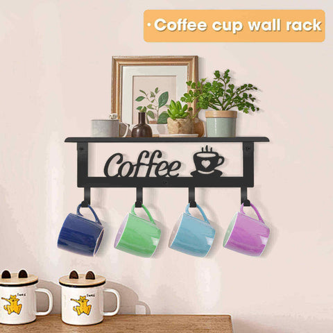 ArtHue black metal mug rack complements rustic kitchen decor.