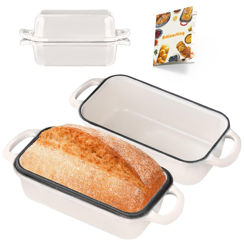 Articasting bread loaf pan with lid in cream white ready for even baking for crusty loaves