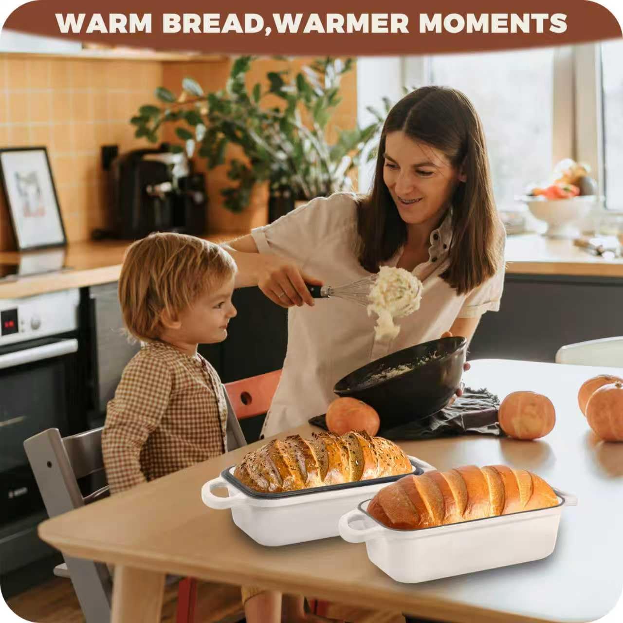 Articasting cast-iron bread pan with enameled finish for easy release and cleaning