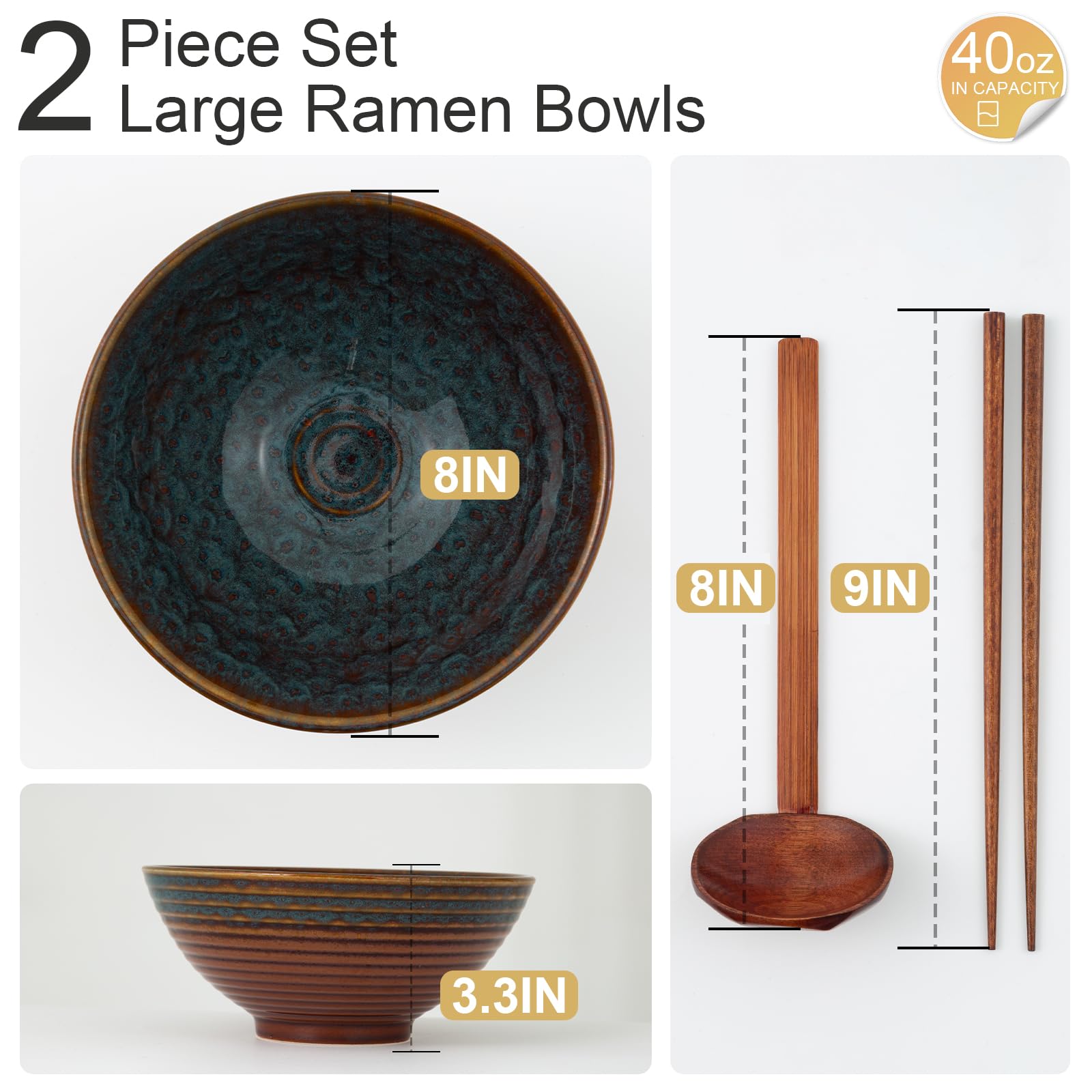 ArtifexCeram ramen bowl set with spoons and chopsticks ready for meals.
