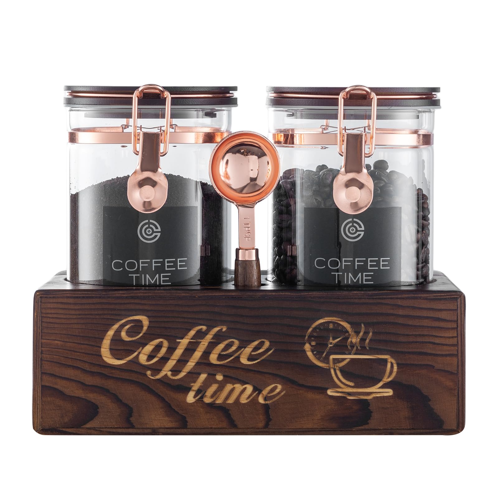 ARTIFORM coffee jar set on wooden stand shows clear, airtight storage.