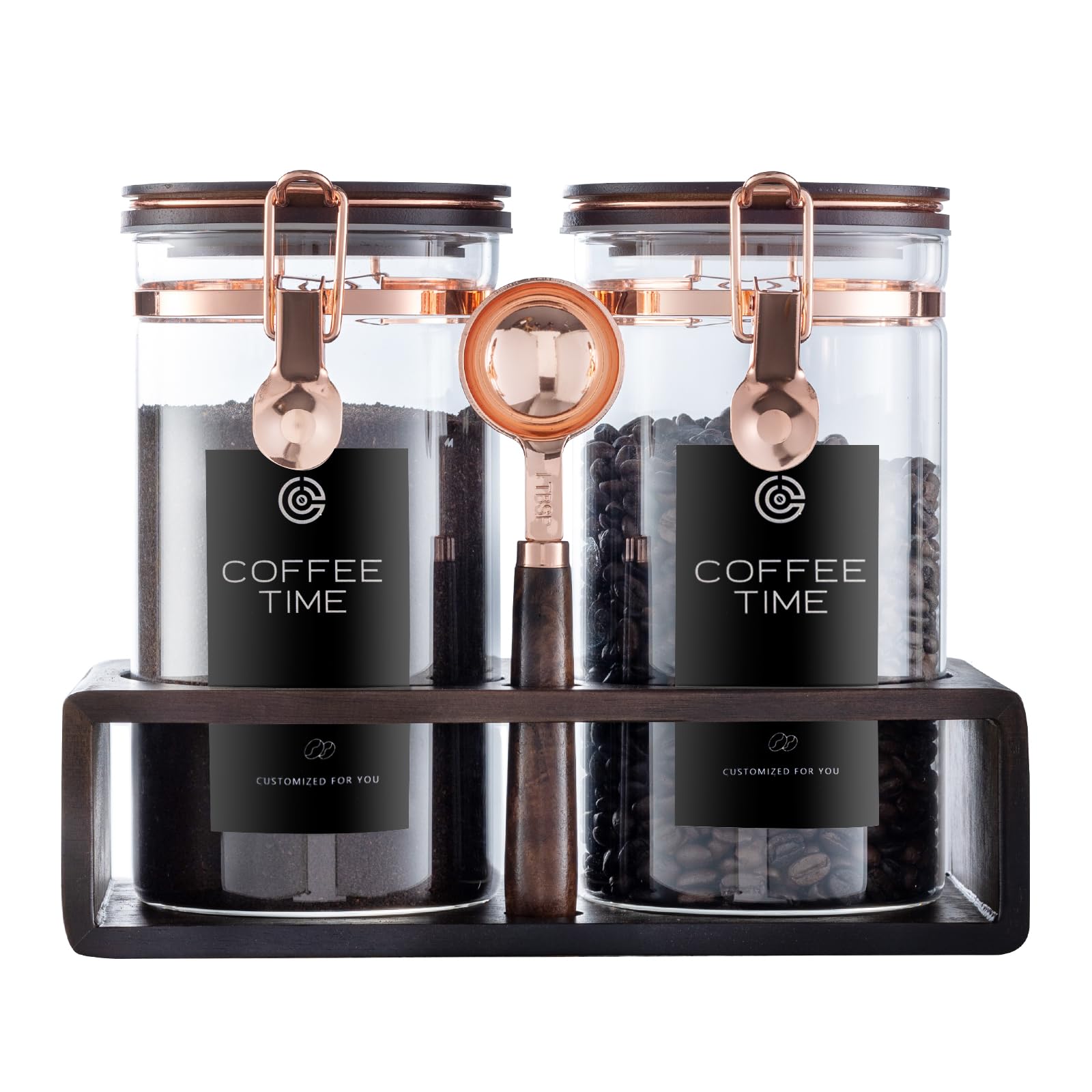 ARTIFORM glass coffee canister set with jars and stand for organized storage.