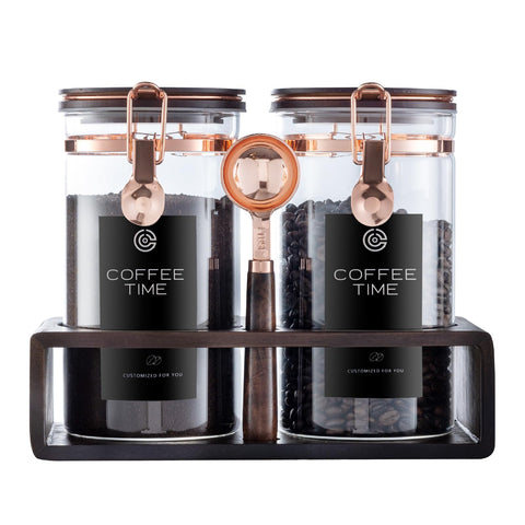 ARTIFORM glass coffee canister set with jars and stand for organized storage.