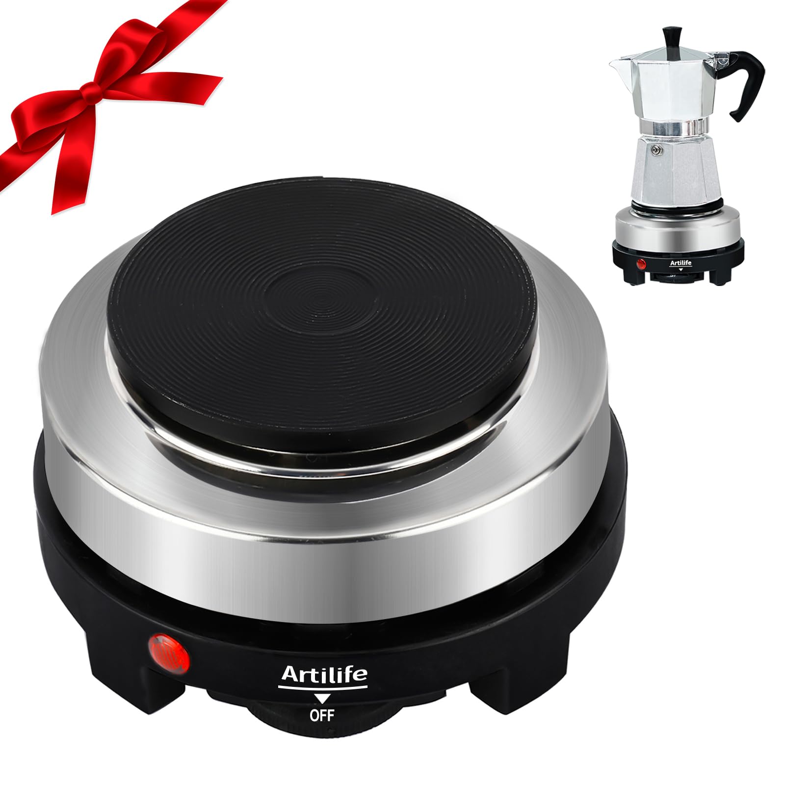 Artilife 500W small hot plate front view for compact kitchen use.