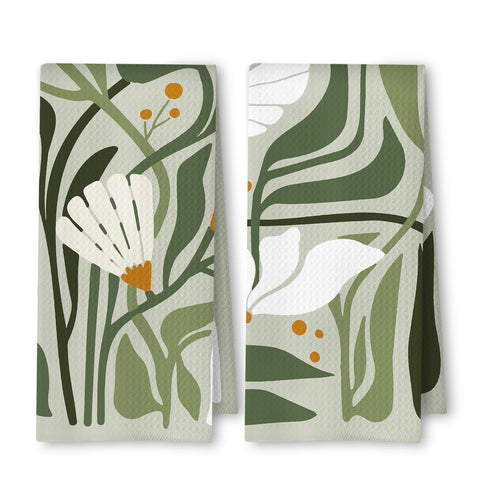ArtisaEura abstract boho sage green floral kitchen towel with durable waffle weave for quick drying
