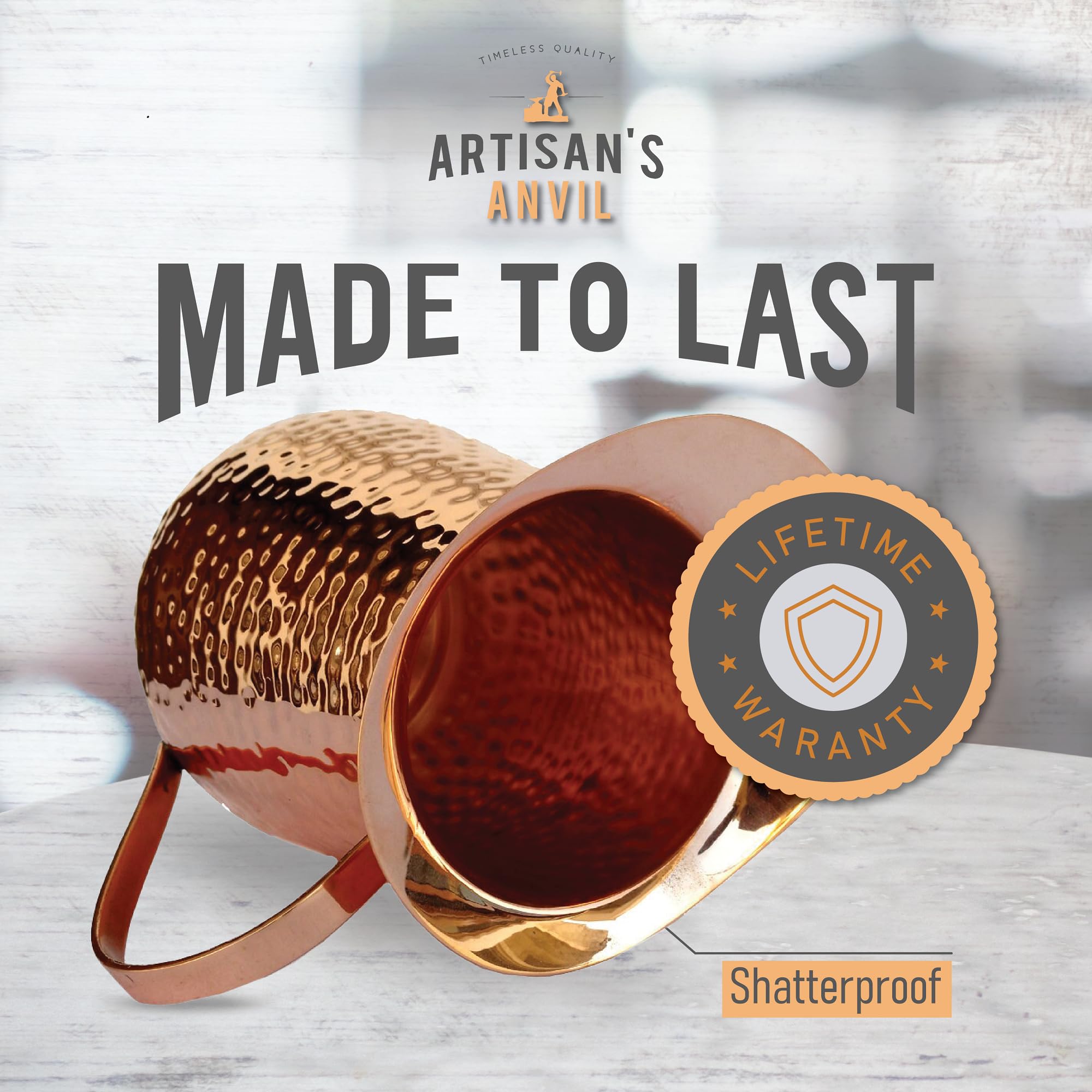 Artisan's Anvil 16-gauge copper pitcher emphasizes durability and long-lasting use.