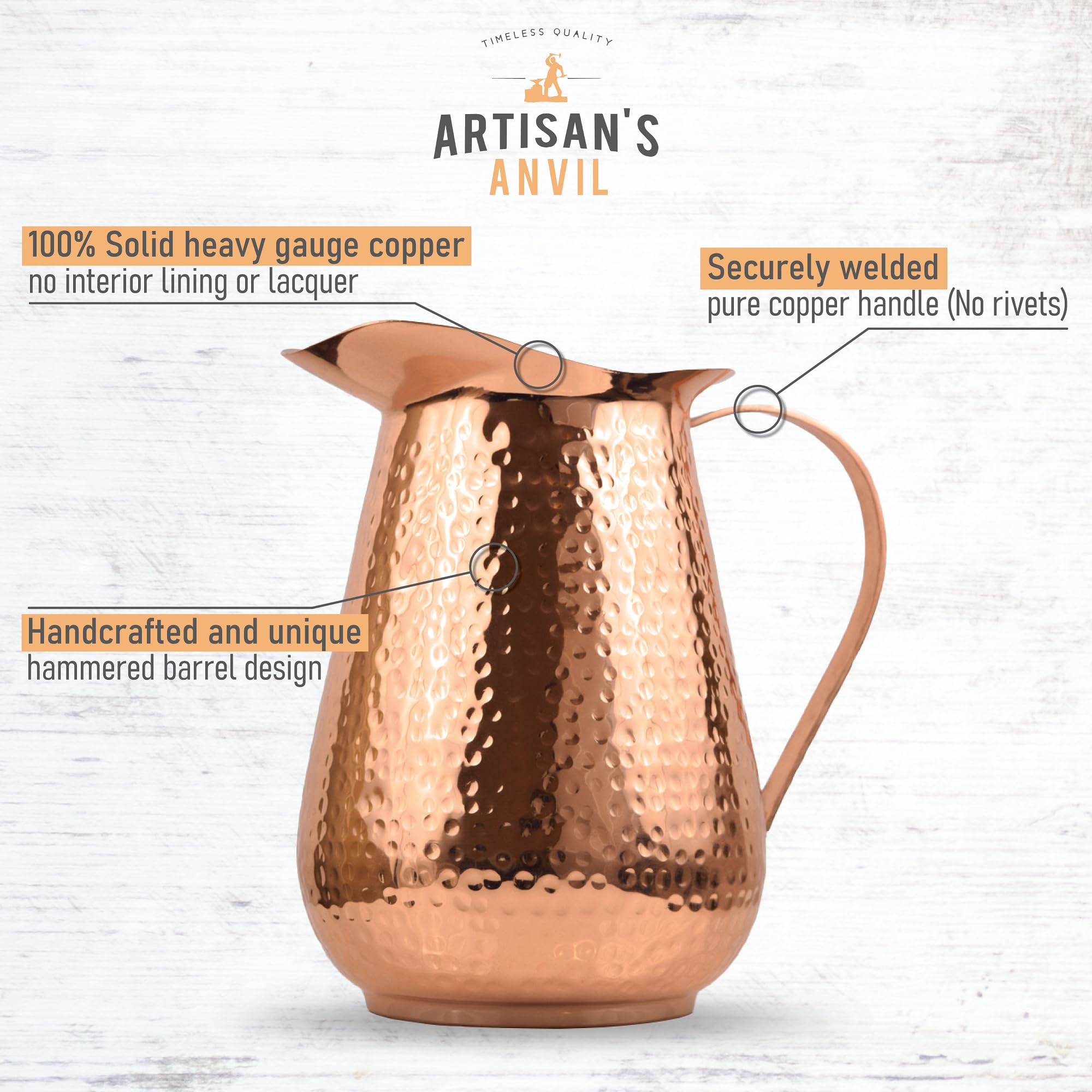 Artisan's Anvil 70 oz copper pitcher highlighting large capacity for entertaining.