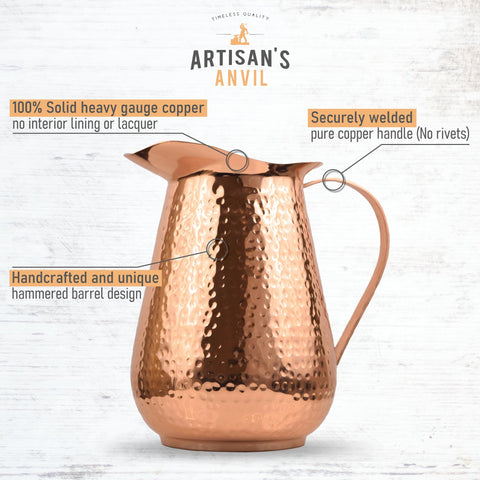 Artisan's Anvil 70 oz copper pitcher highlighting large capacity for entertaining.