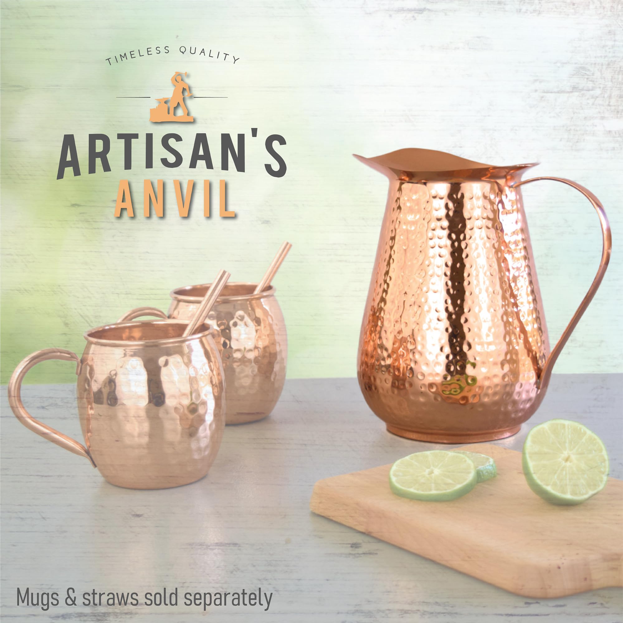 Artisan's Anvil tarnish-resistant exterior copper pitcher for easy care.