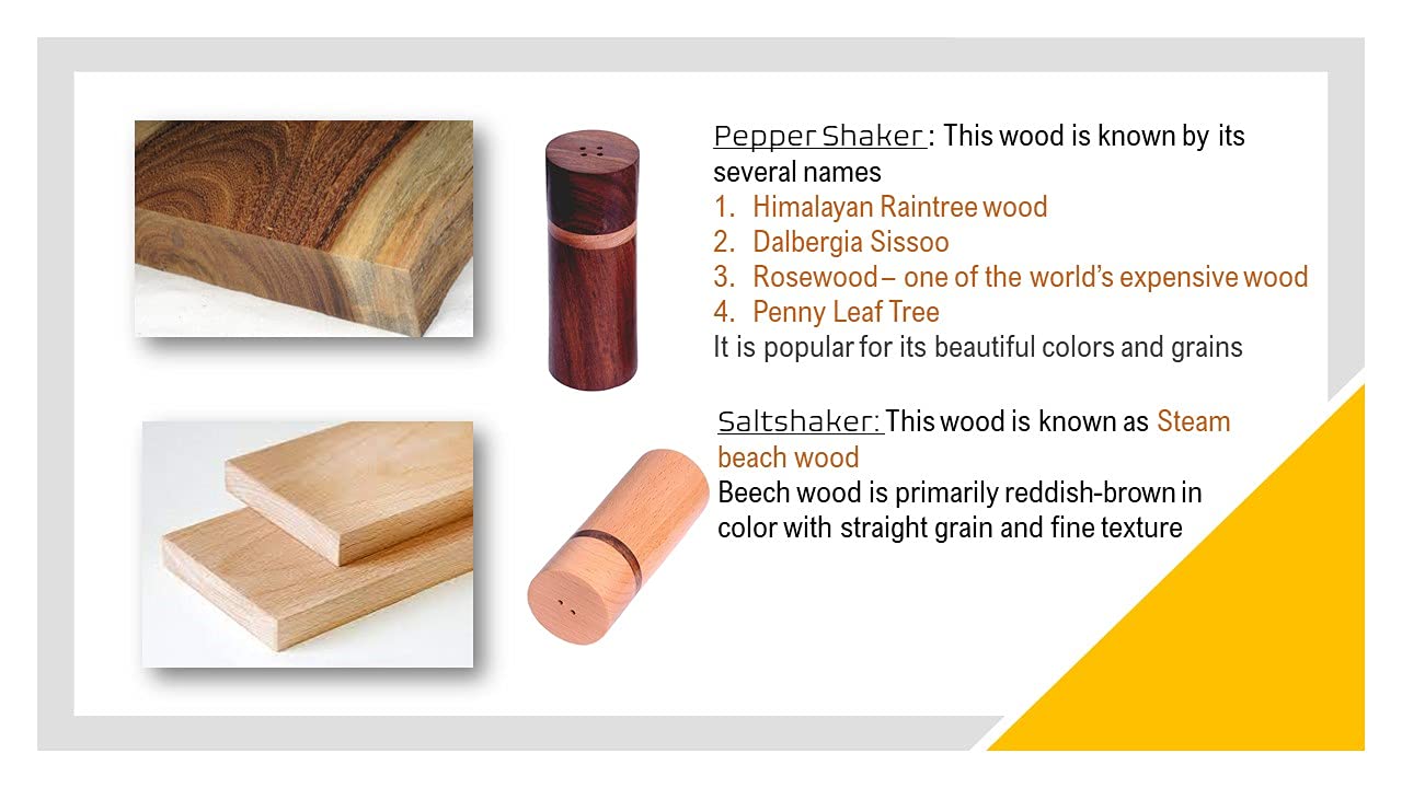 Package contents include oak salt shaker and rosewood pepper shakers.
