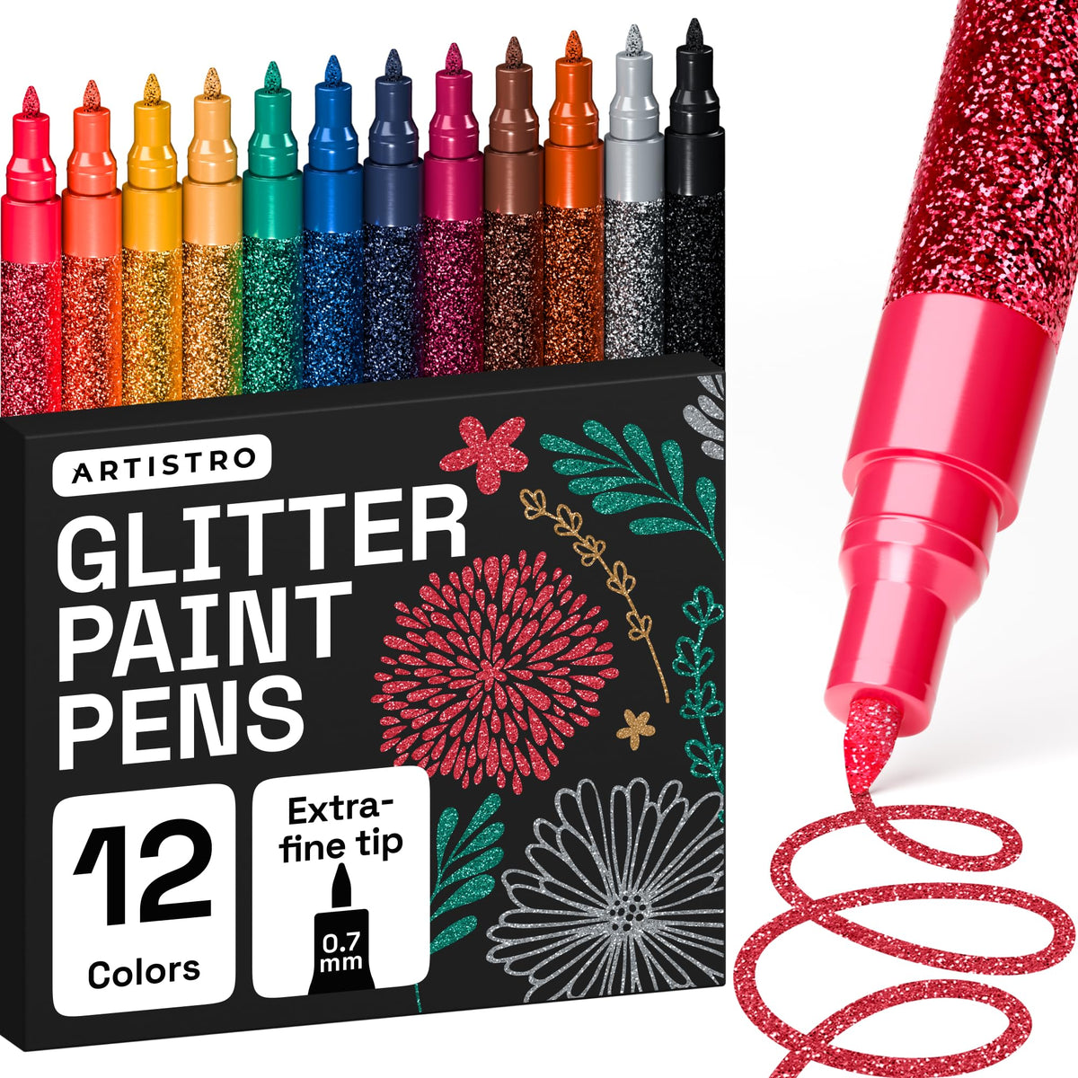 ARTISTRO glitter paint pens on glass for vibrant, durable markings.