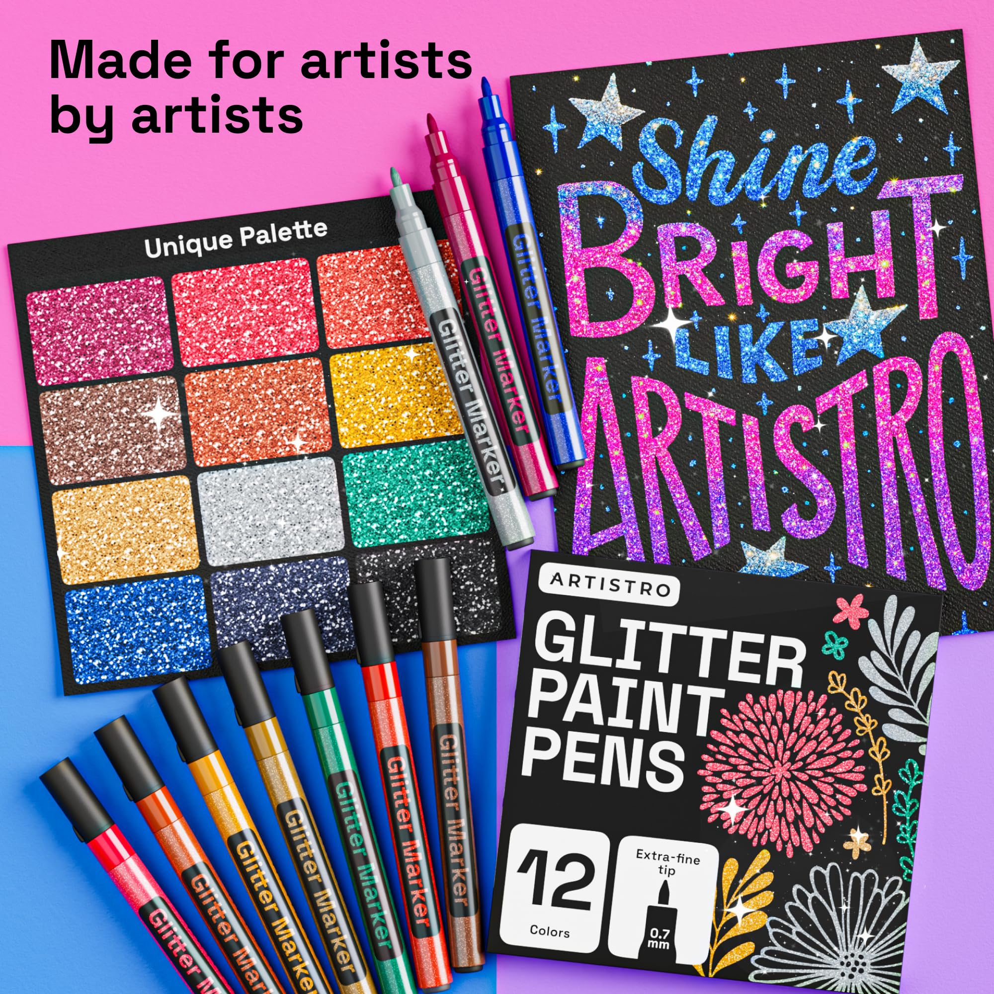 ARTISTRO glitter markers used in rock painting for sparkling detail.