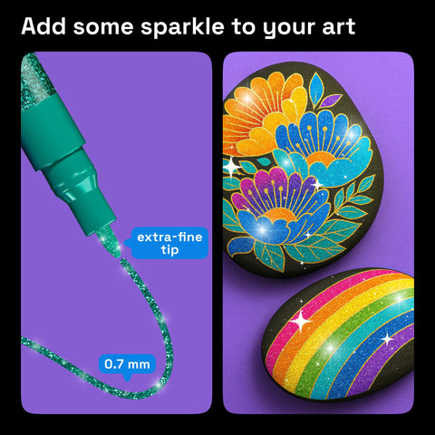 ARTISTRO glitter paint pens on wood for shimmering outlines.