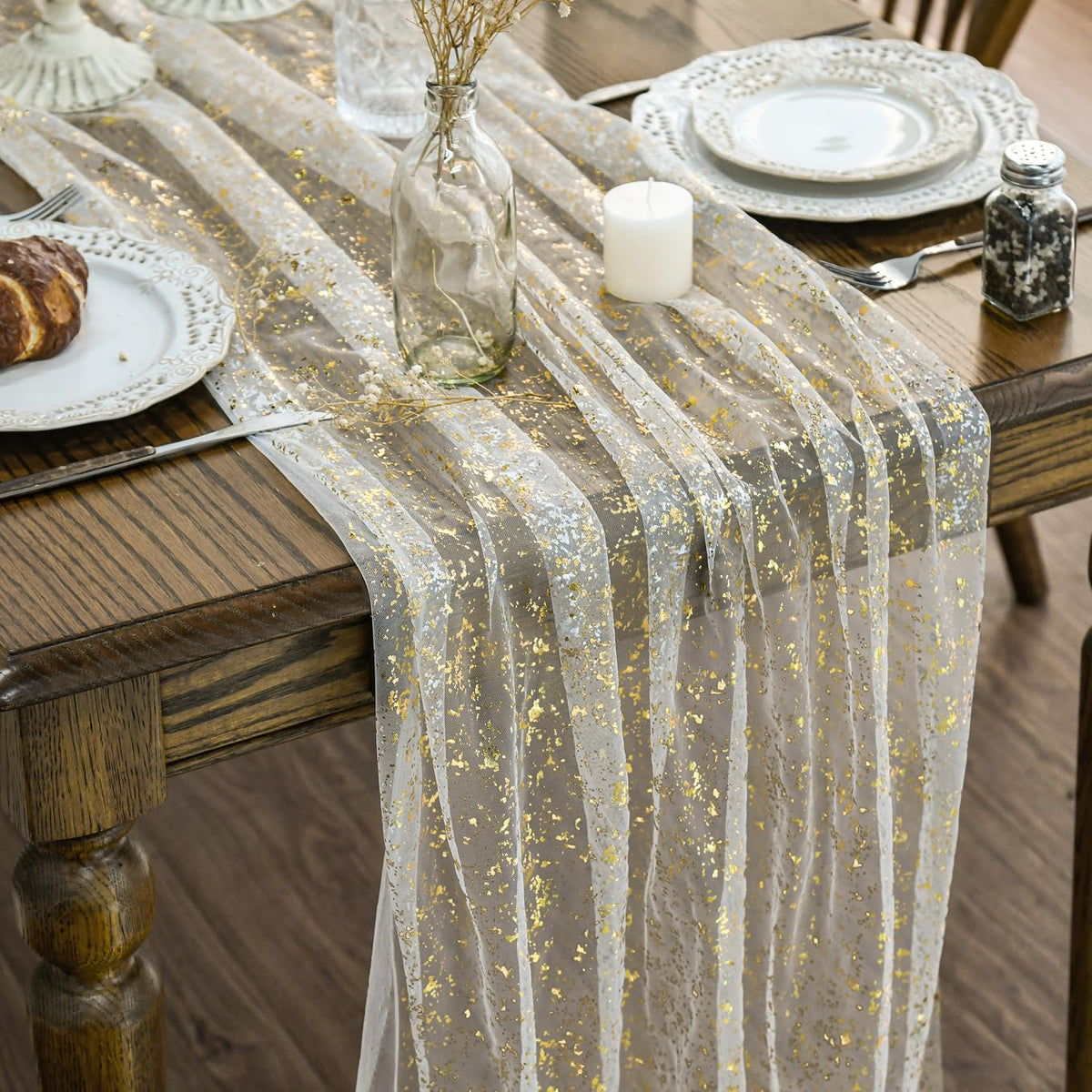Artoid Mode beige-gold gauze table runner 120 inch close-up showing soft fabric and shimmer