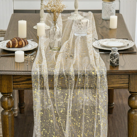 Artoid Mode beige-gold gauze table runner glitter foil detail enhances festive decor