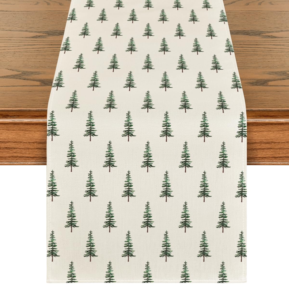 Artoid Mode beige Xmas Tree Runner close-up shows durable fabric protecting holiday tables.