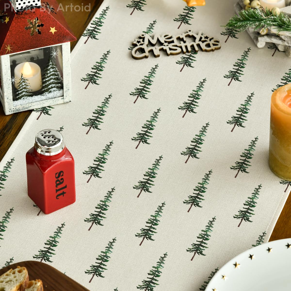 Artoid Mode beige Xmas Tree Runner pattern detail adds seasonal charm.