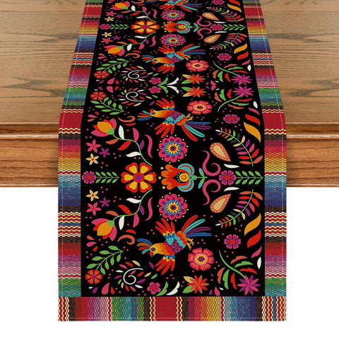 Artoid Mode Bird Dia De Los Muertos Serape table runner with vibrant pattern for festive dining.