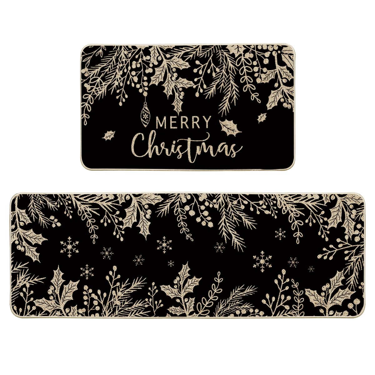 Artoid Mode black holly pine branches kitchen mat with festive design for entryways.