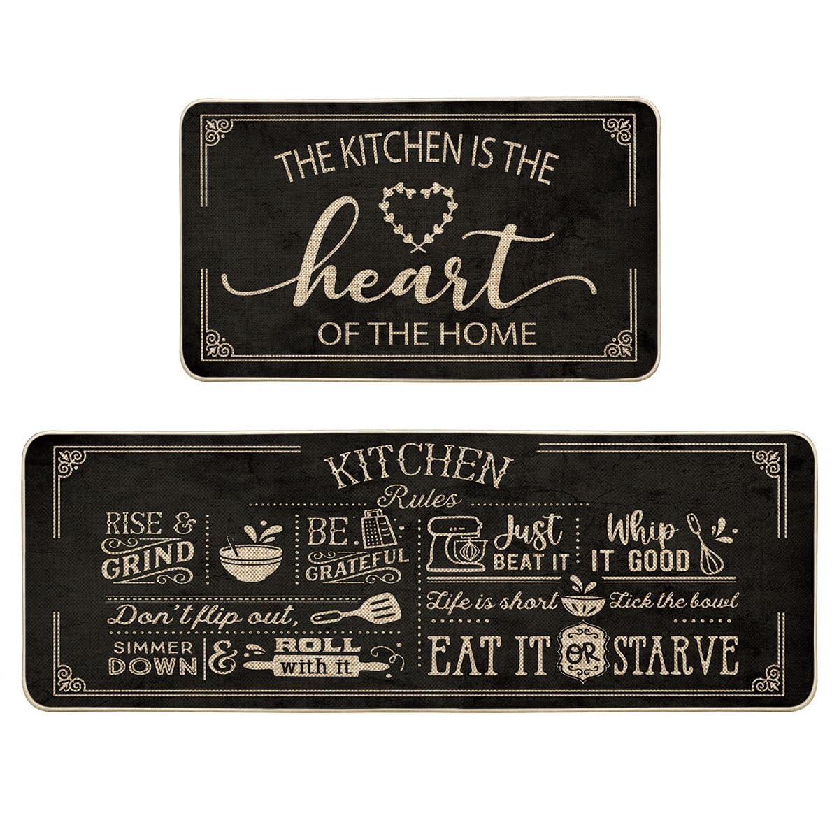 Artoid Mode black kitchen mats with seasonal pattern, 17x29, adds stylish floor protection.