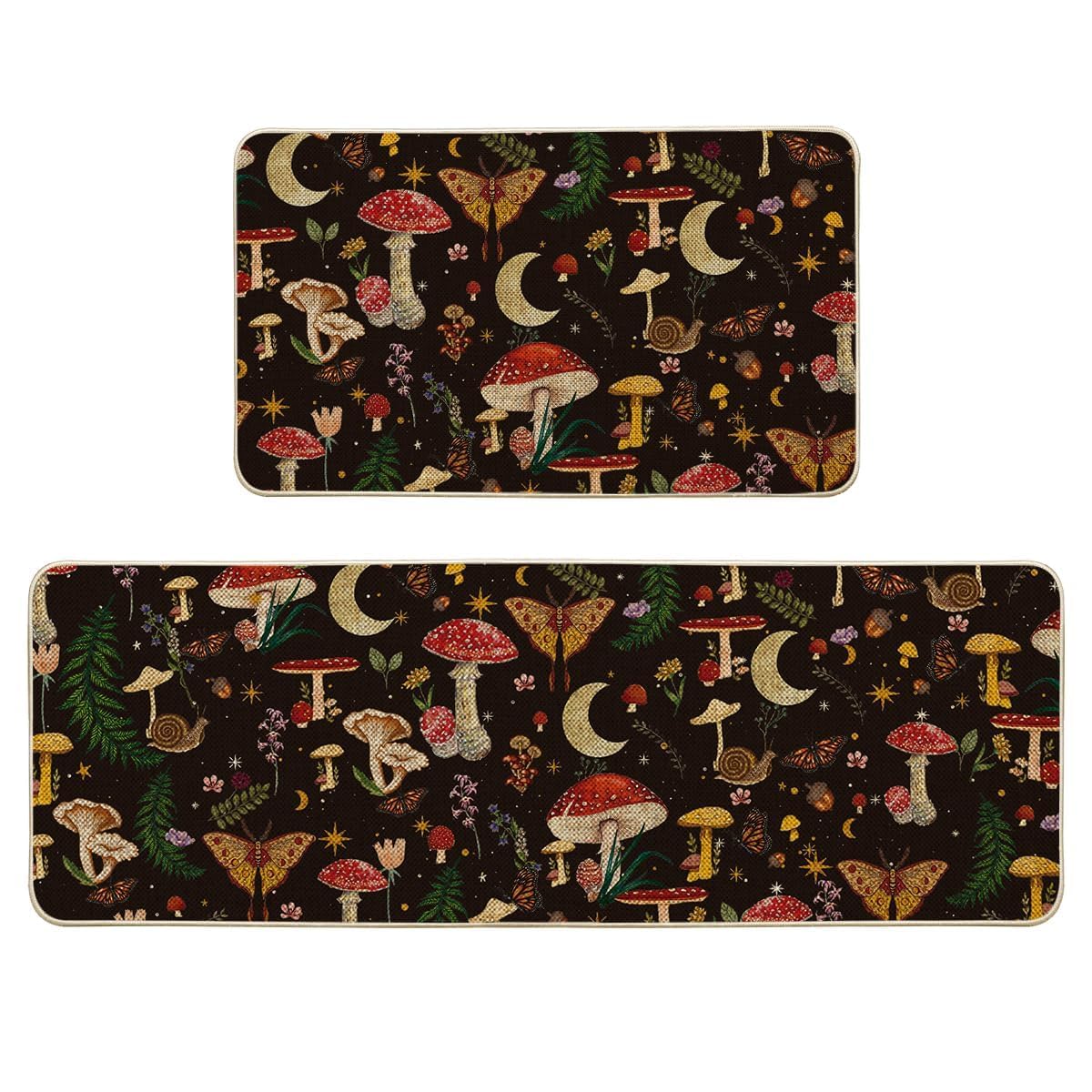Artoid Mode black mushrooms butterfly spring kitchen mats, front view, durable non-slip surface.