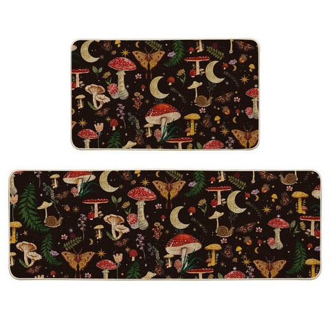 Artoid Mode black mushrooms butterfly spring kitchen mats, front view, durable non-slip surface.