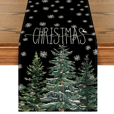 Artoid Mode black pine tree snowflake table runner closeup enhances festive dining
