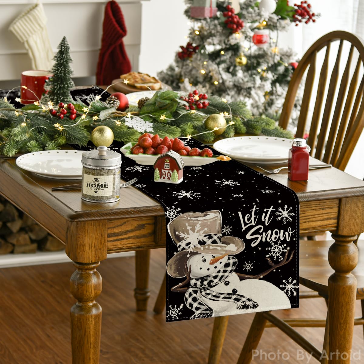 Artoid Mode table runner pattern highlights snowflakes and snowman details.