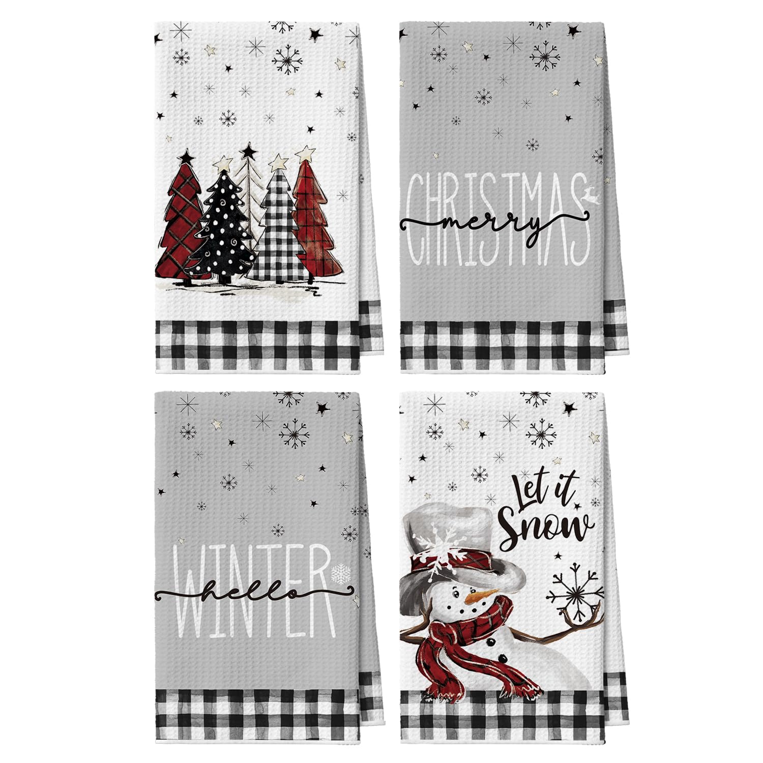 Artoid Mode black Xmas tree snowman towels front view, festive print and quick-dry microfiber.