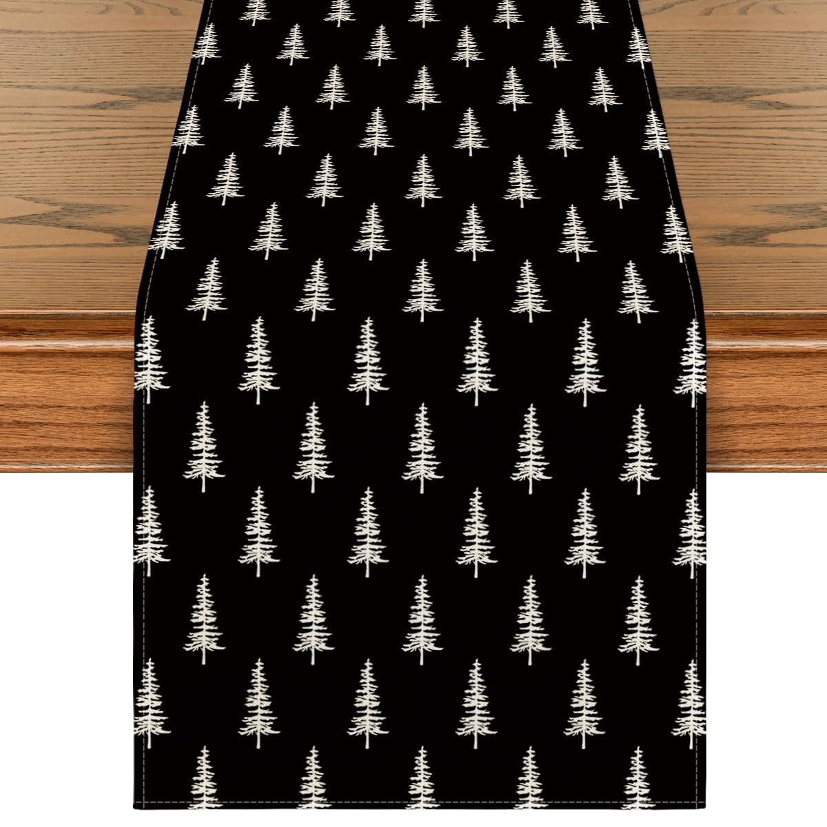 Artoid Mode Black Xmas Tree Table Runner hero image shows festive pattern for warm holiday gatherings
