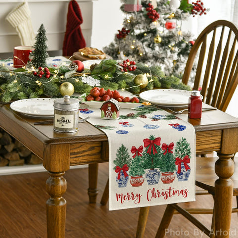 Artoid Mode blue and white runner on dining table creates holiday ambiance