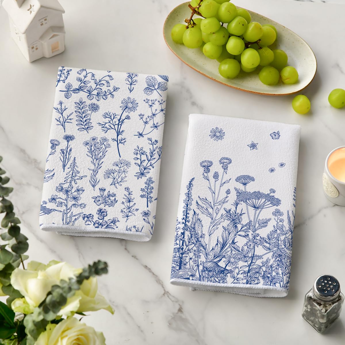 Artoid Mode Blue Antique Herbs towels in use for drying dishes with quick absorption