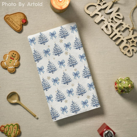 Artoid Mode Blue Bowknot towels winter decor on a cozy counter.