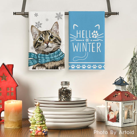 Artoid Mode Blue Cat Hello Winter towel as festive Christmas decor for a cozy kitchen.