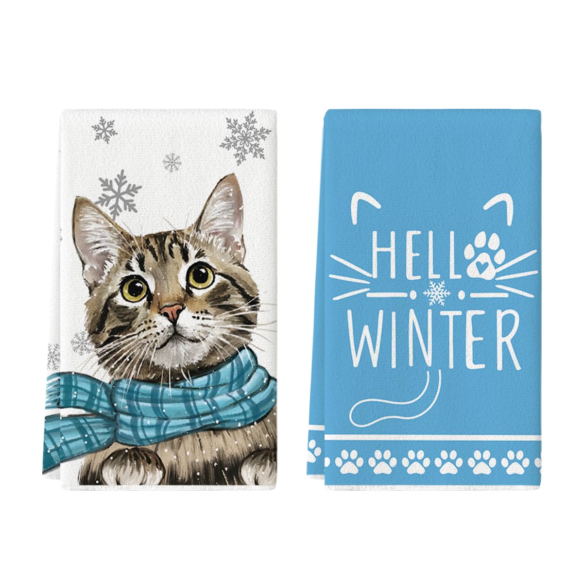 Artoid Mode Blue Cat Hello Winter towel with snowflakes print for quick dish drying.
