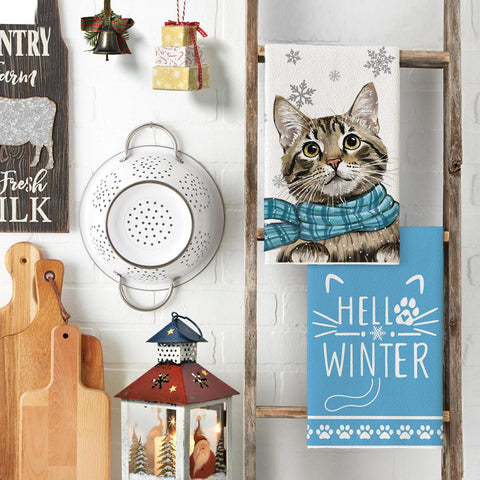Artoid Mode Blue Cat Hello Winter towel in ultra-soft fabric, gentle on cookware.