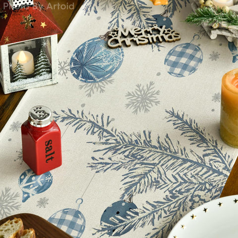 Artoid Mode blue pine trees table runner party setting demonstrates vibrant color.