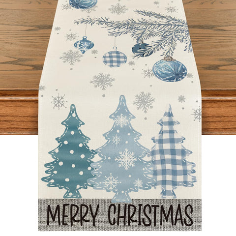 Artoid Mode blue pine trees table runner enhances holiday dining ambiance.