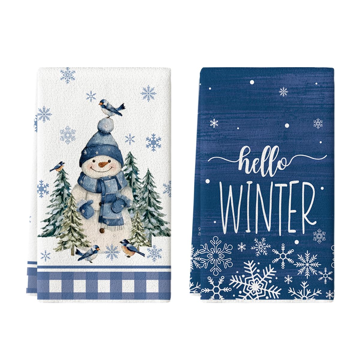 Artoid Mode blue snowman towel with snowflake motif designed for winter decor and drying.