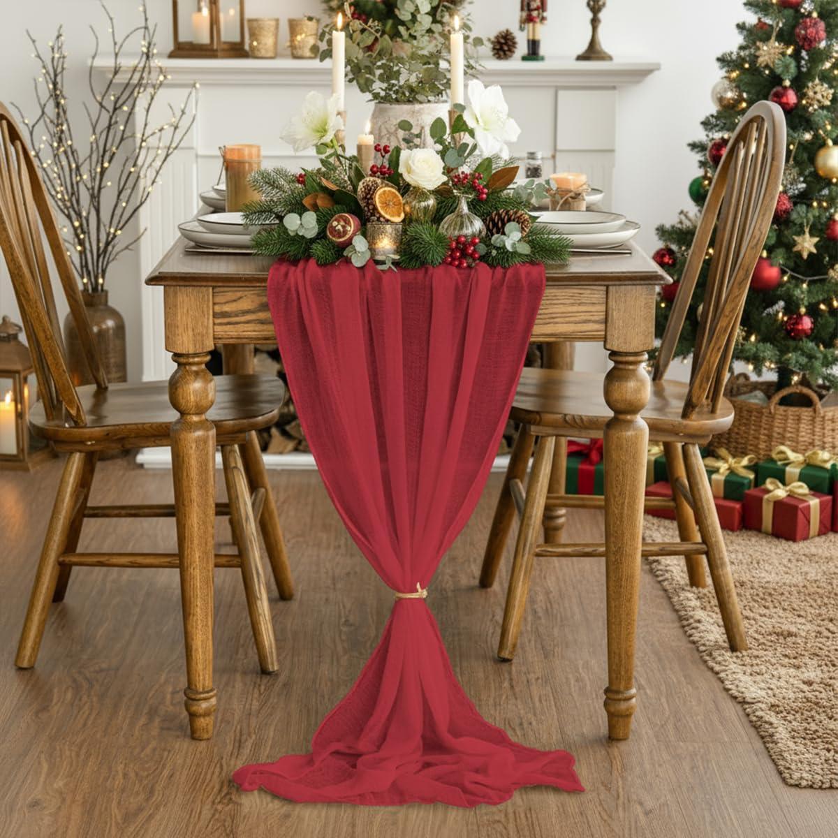 Artoid Mode boho red cheesecloth closeup showing textured weave for rustic table decor.