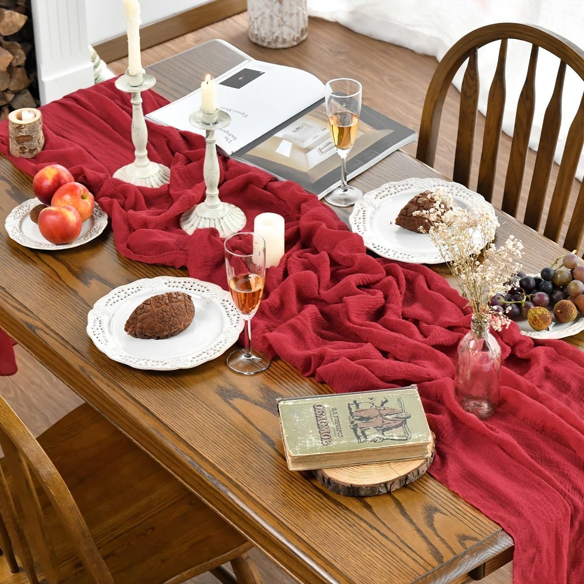 Artoid Mode boho red cheesecloth dining settings showing versatile holiday table decor.