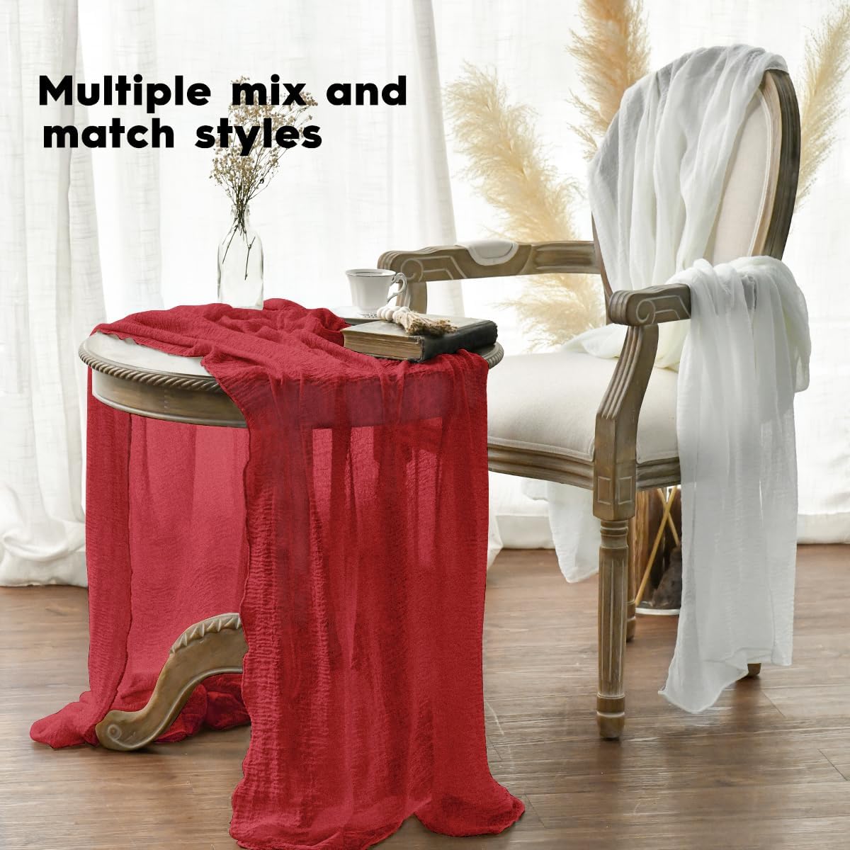 Artoid Mode boho red cheesecloth wedding table setup highlights festive appeal.