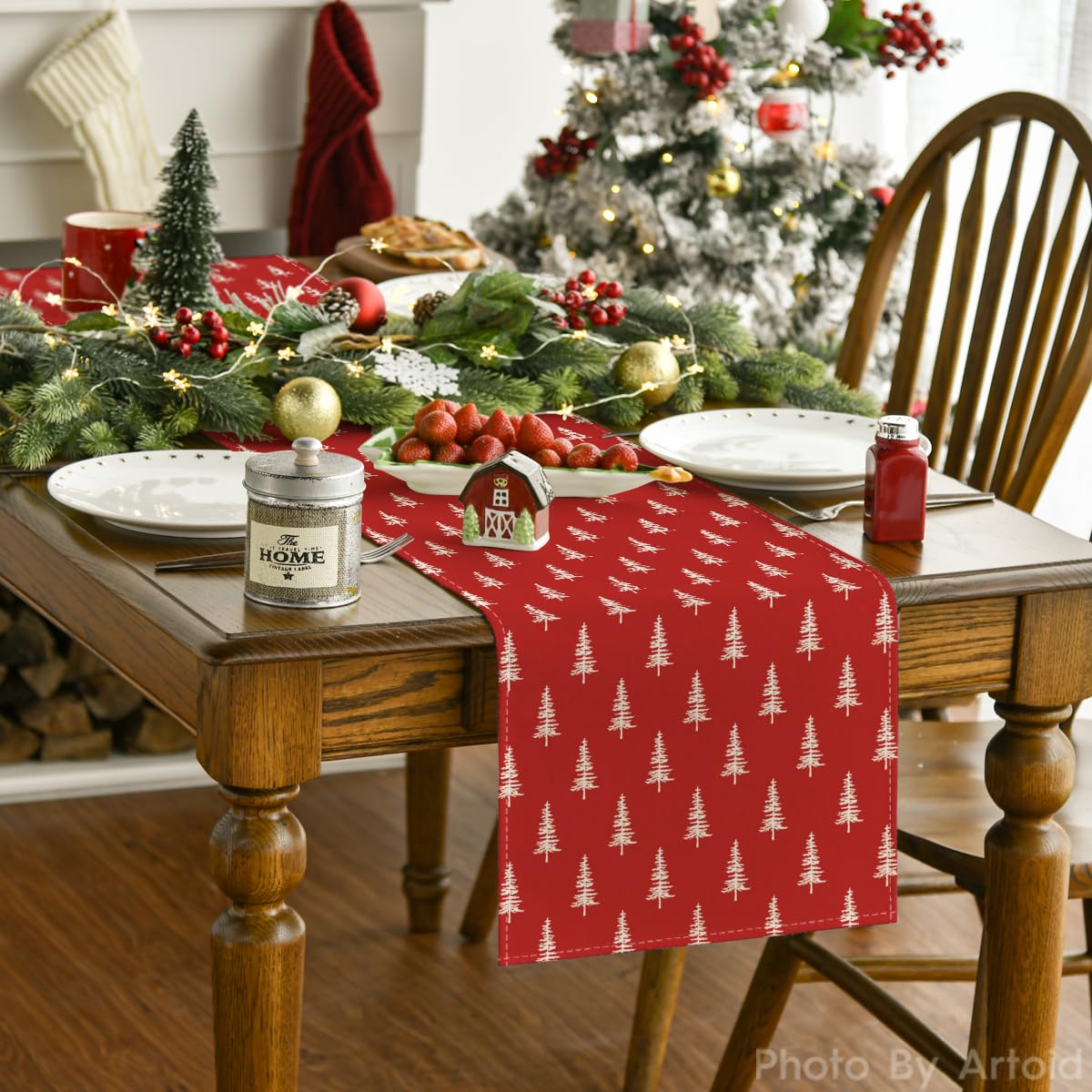 Artoid Mode colorful pattern runner decorates a dining table for celebrations.