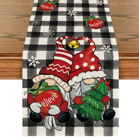 Artoid Mode buffalo plaid gnome bell table runner close-up shows durable fabric