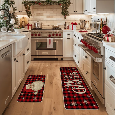 Artoid Mode buffalo plaid snow Santa kitchen rug 17x47 enhances holiday mood and comfort.