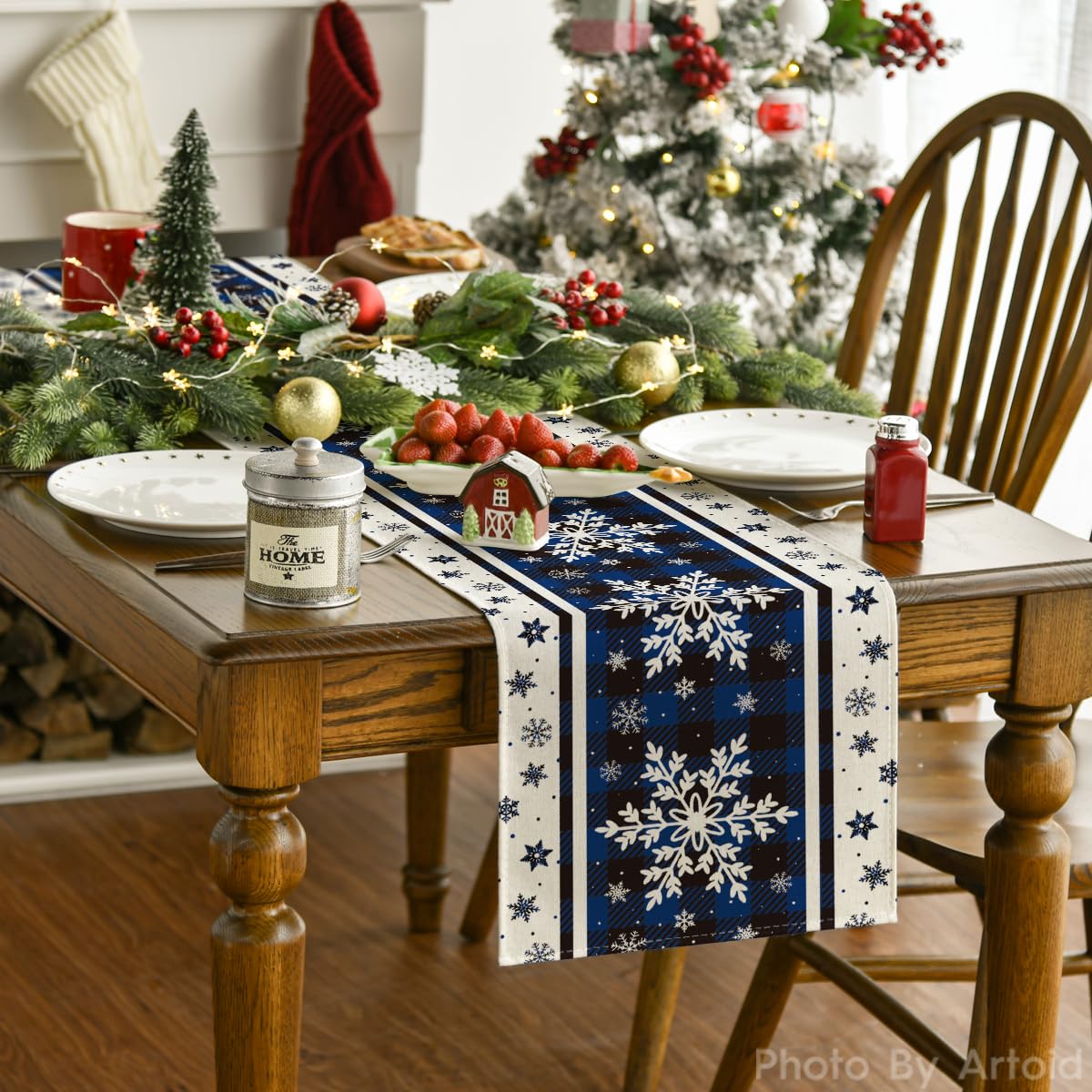 Artoid Mode blue and white snowflakes on buffalo plaid complements holiday decor while protecting surfaces