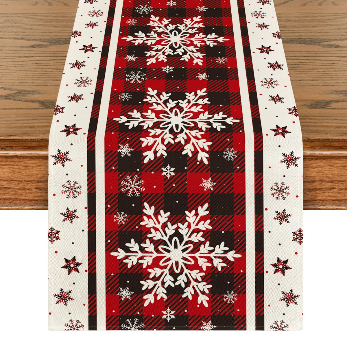 Artoid Mode buffalo plaid snowflakes table runner enhances holiday dining ambience