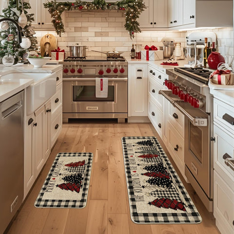 Artoid Mode buffalo plaid Xmas tree mat 17x47 front view with low-profile design